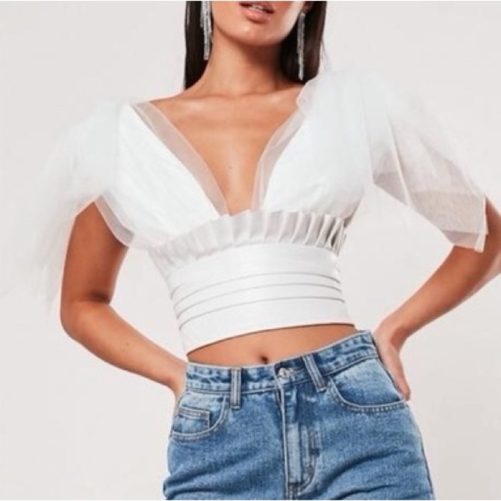 MISSGUIDED White crop top tulle faux leather detail
